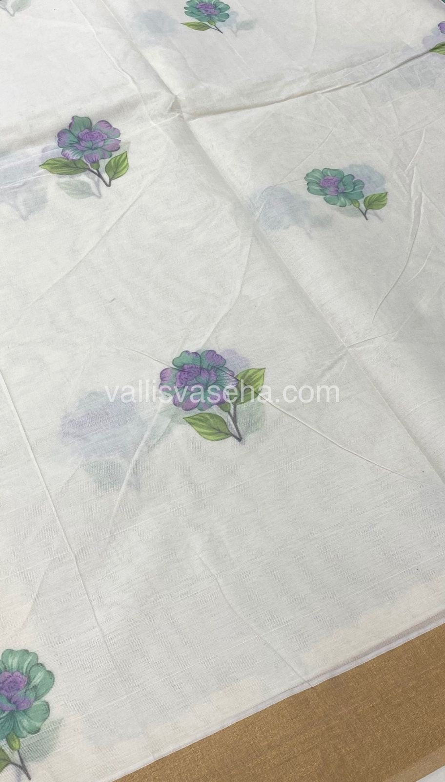 Kerala Cotton Saree - Cream With Golden Border - VVKCS001