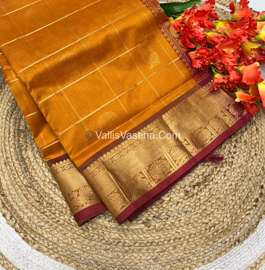 Pure Silk Cotton Saree - Mayil & Chakkaram Design - Dark Yellow & Red - VVMC001