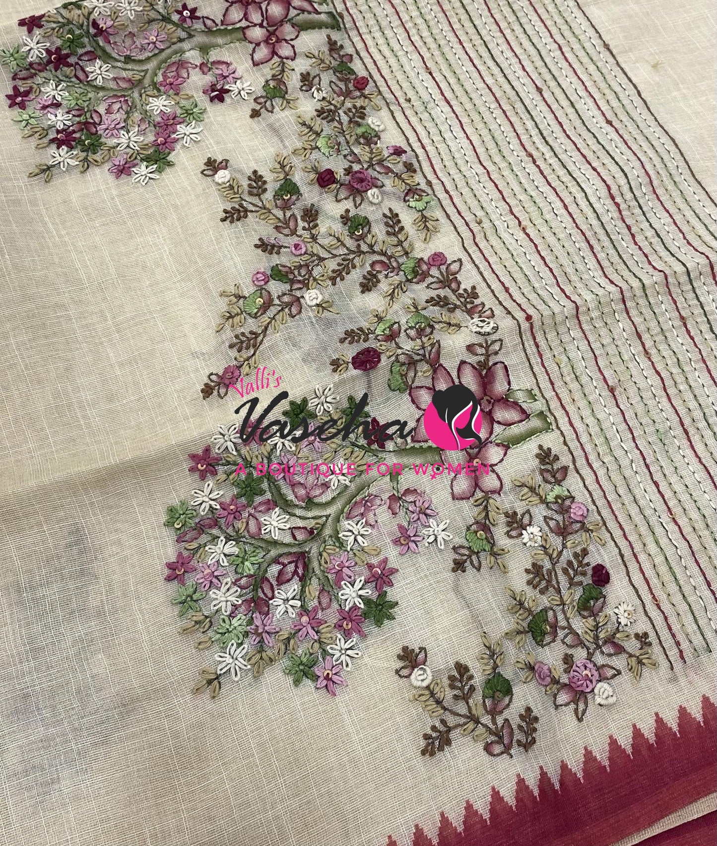 French Knot - Tissue Saree - Cream With Dark Pink Shade - VVLFN022