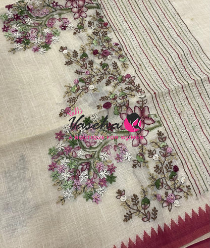 French Knot - Tissue Saree - Cream With Dark Pink Shade - VVLFN022