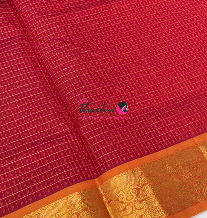 Pure Silk Cotton Saree - Red With Mango Yellow - Lakshadeepam Design - VVPLD004