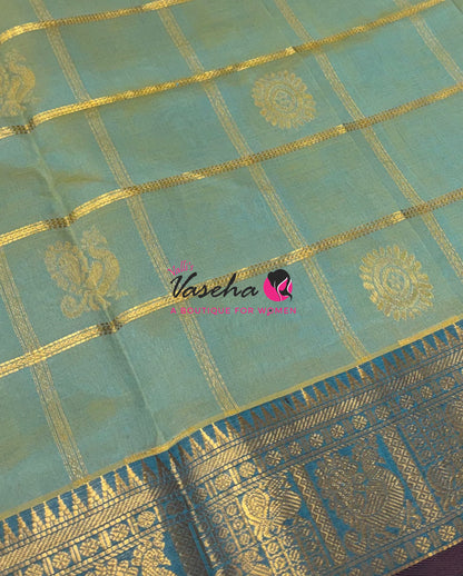 Pure Silk Cotton Saree - Mayil & Chakkaram Design - Dual Tone  Blue With Brown Shade -VVMC003