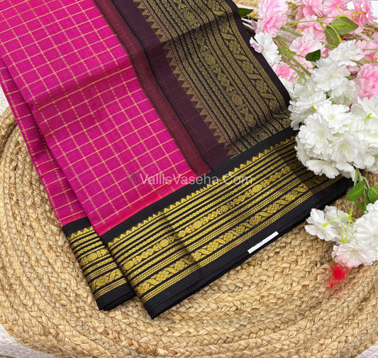 Pure Korvai Silk Cotton - Pink with Dark Brown  - Checks Pattern - VVKSC021