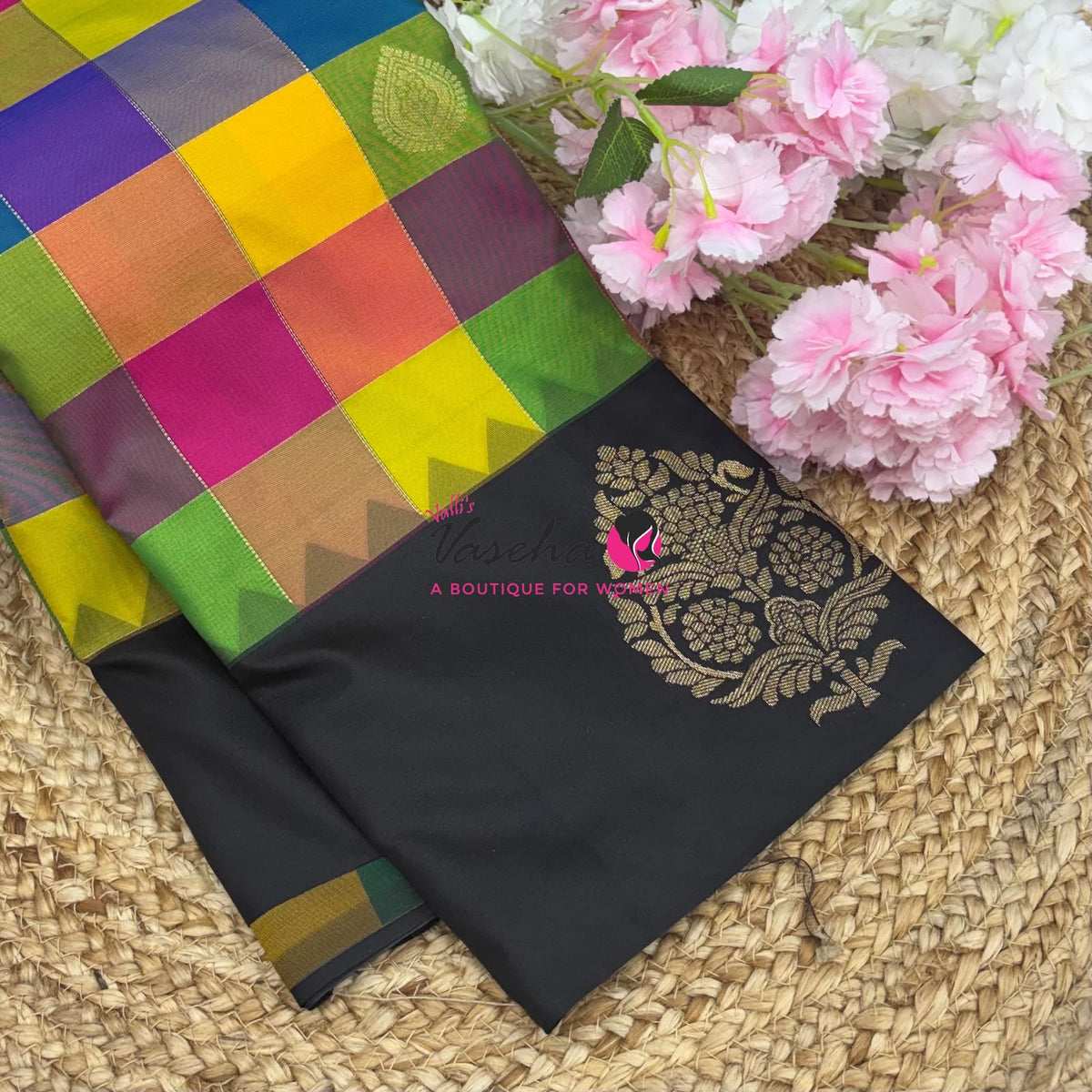 Semi Soft Silk  - Madras Checks Pattern - Black Shade  - VVSSS042