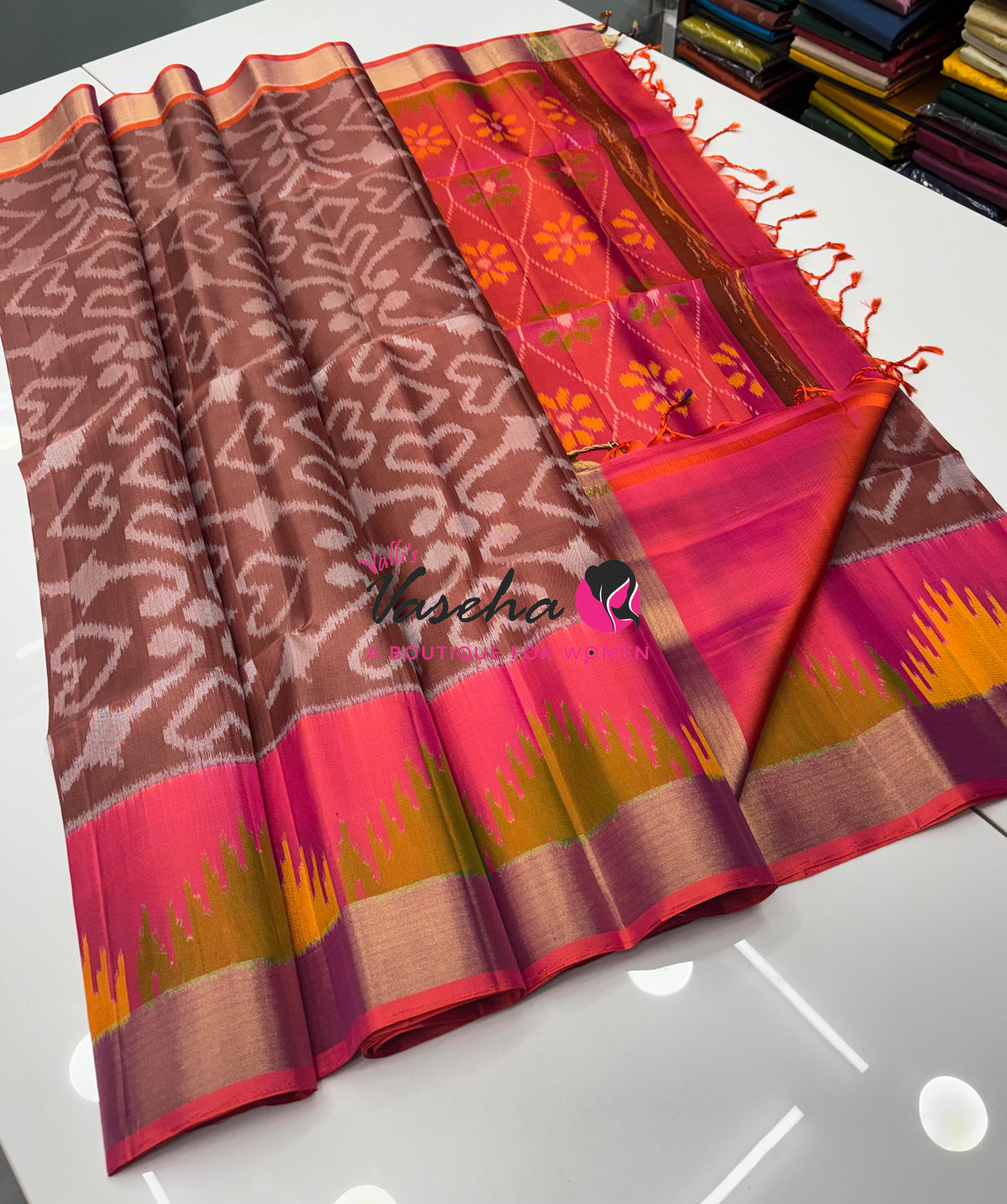 Pure Soft Silk Saree  - Pochampally Weaving - Chocolate Brown & Peach Combo - VVPSS110