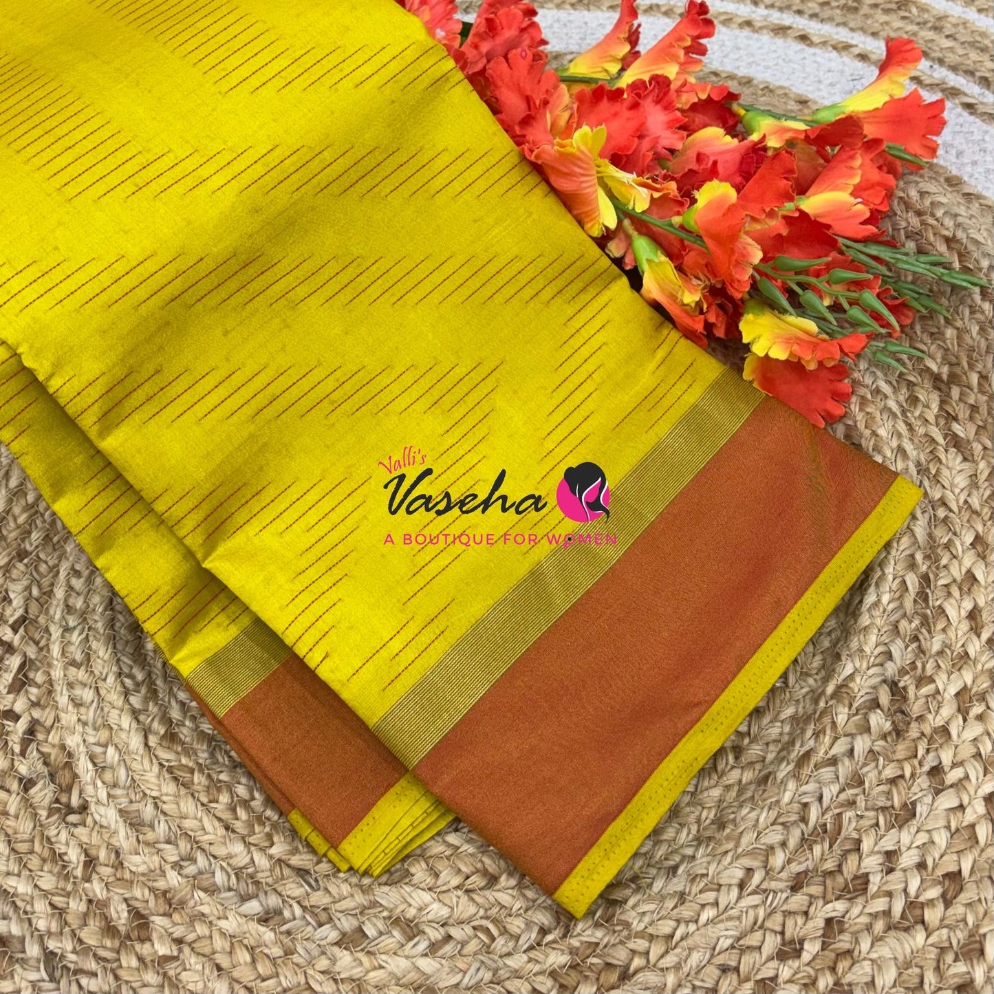 Semi Silk Saree - Thread Work Weaving - Yellow With Rust Orange - VVSSS0038