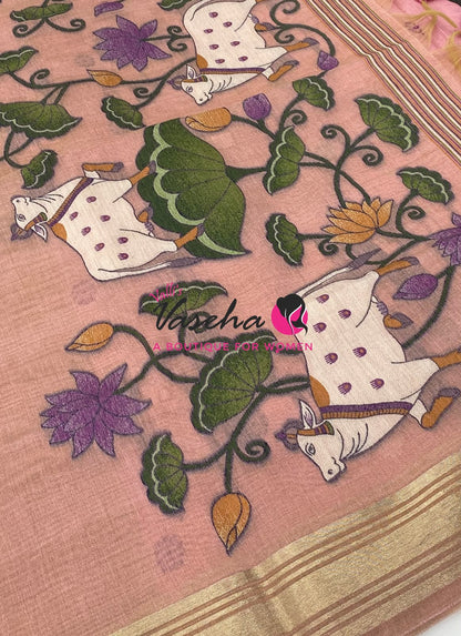 Muga Tissue Linen Saree - Pink Shade - VVMLT003