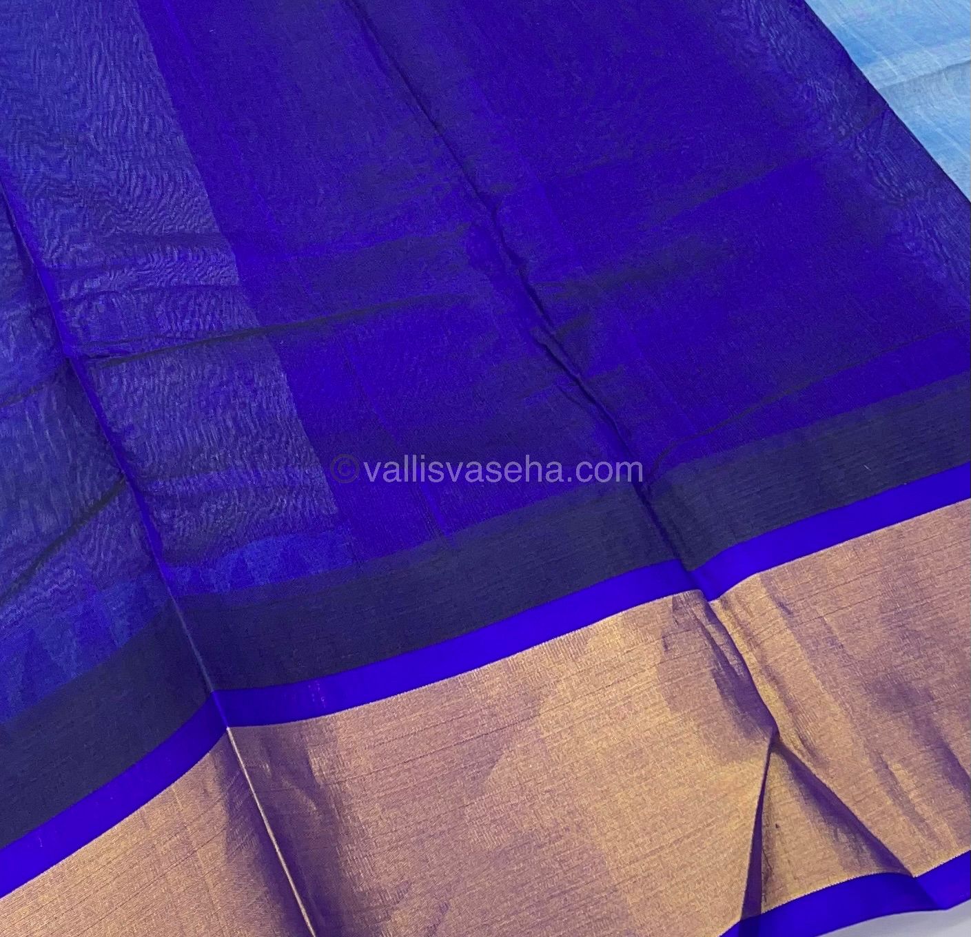 Pure Korvai Silk Cotton Saree - Light Blue with Blue Combo - Temple border - VVKSC001