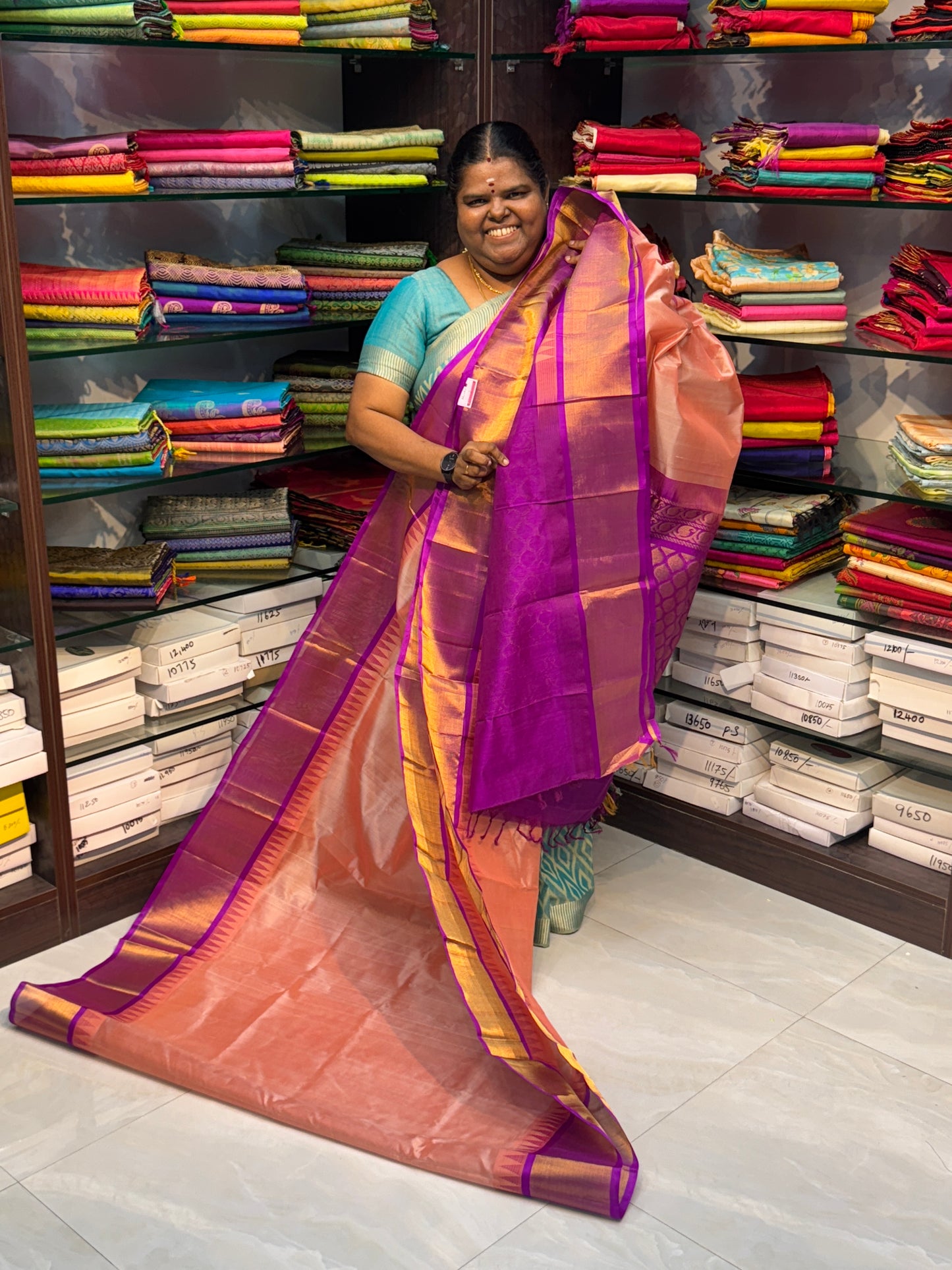 Pure Korvai Silk Cotton Saree - Light Peach with Purple - Temple border - VVKSC001