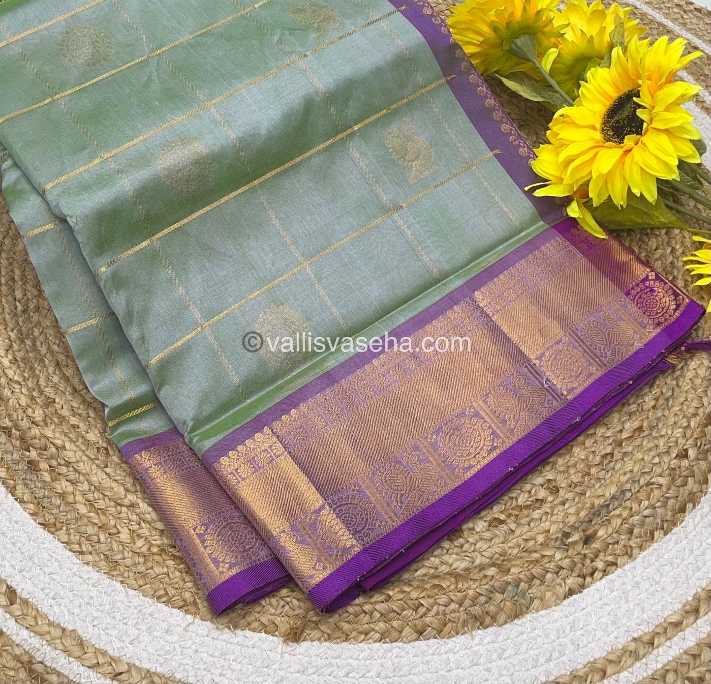 Pure Silk Cotton Saree - Mayil & Chakkaram Design - Grey Green with Purple - VVMC001