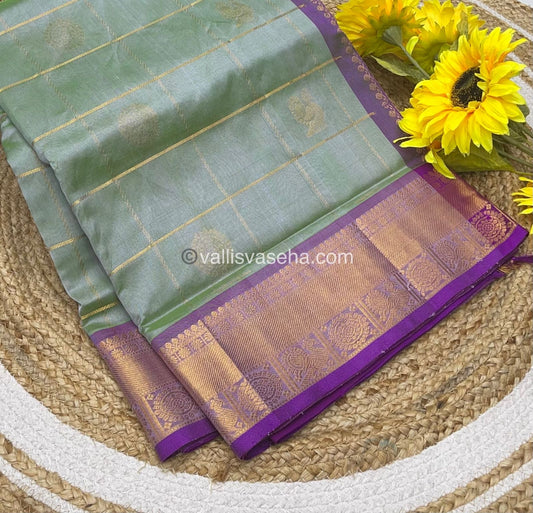 Pure Silk Cotton Saree - Mayil & Chakkaram Design - Grey Green with Purple - VVMC001