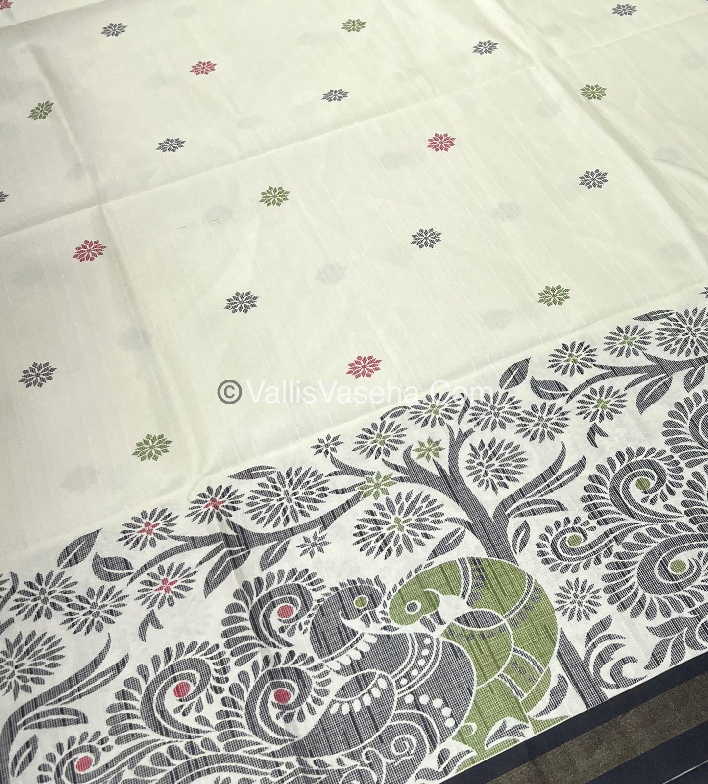 Semi Tussar / Semi Chappa Silk |Peacock Design | - Cream & Black Combo - VVSTS018