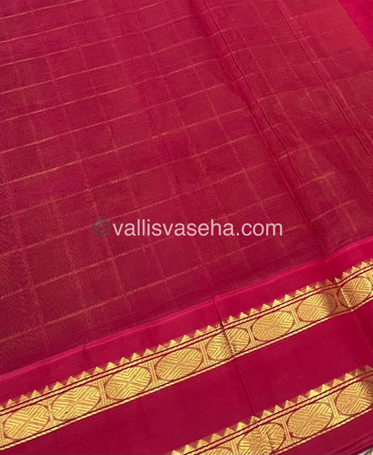 Pure Korvai Silk Cotton With Retta Petta Border - Checks pattern - Mehandi Green  & Red - VVKSC013