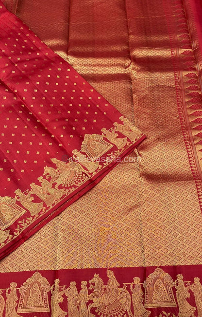 Pure Kanchipuram Silk Saree - Lakdhadeepam Butta with Self embossed Checks & Pallaku Design Self Border- Red shade  - VVPS006