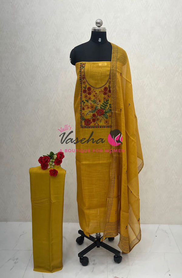 Unstitched Kota Material | Mustard Yellow Shade | VVUSM059