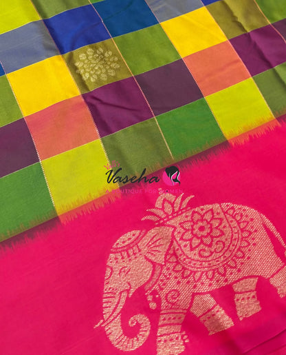 Semi Soft Silk  - Madras Checks Pattern -  Pink  Shade  - VVSSS042