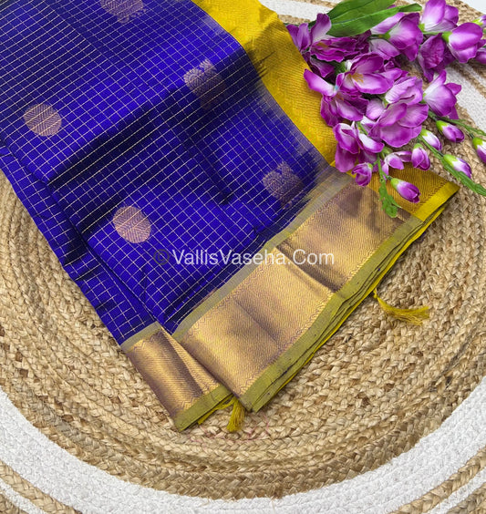 Pure Silk Cotton Saree - Mayil & Chakkaram Design - Blue With Lemon yellowish Combo - VVMC002