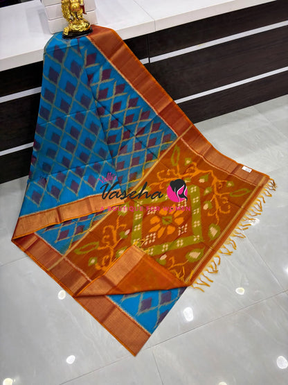 Pochampally Silk Cotton Saree - Blue & Orange Shade - VVPPS001