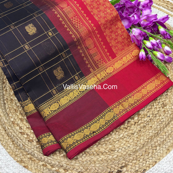 Pure Korvai Silk Cotton - Checks Pattern - Brown With Red Shade  - VVKSC036