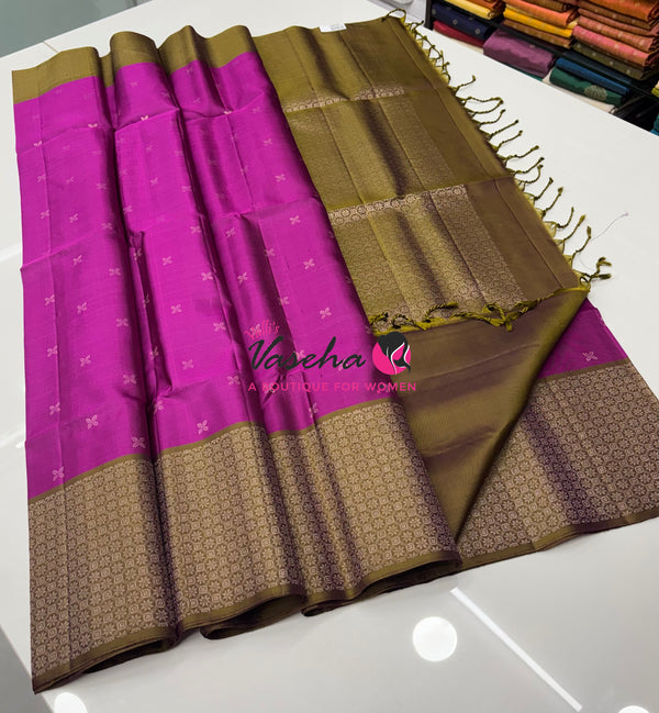 Pure Soft Silk Saree - Pink & Mahendi Green - VVPSS126