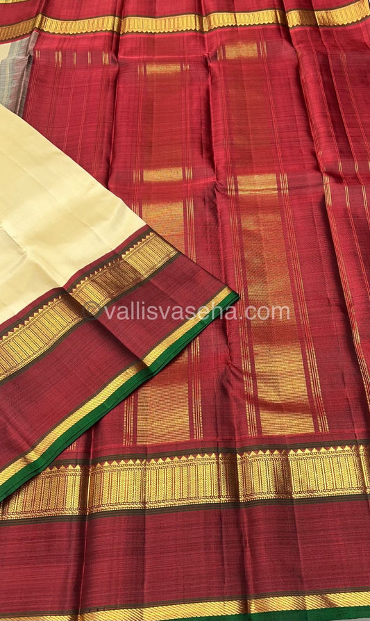 Pure Vintage Korvai Kanchipuram Silk Saree - Cream & Maroon Combo - VVPS010