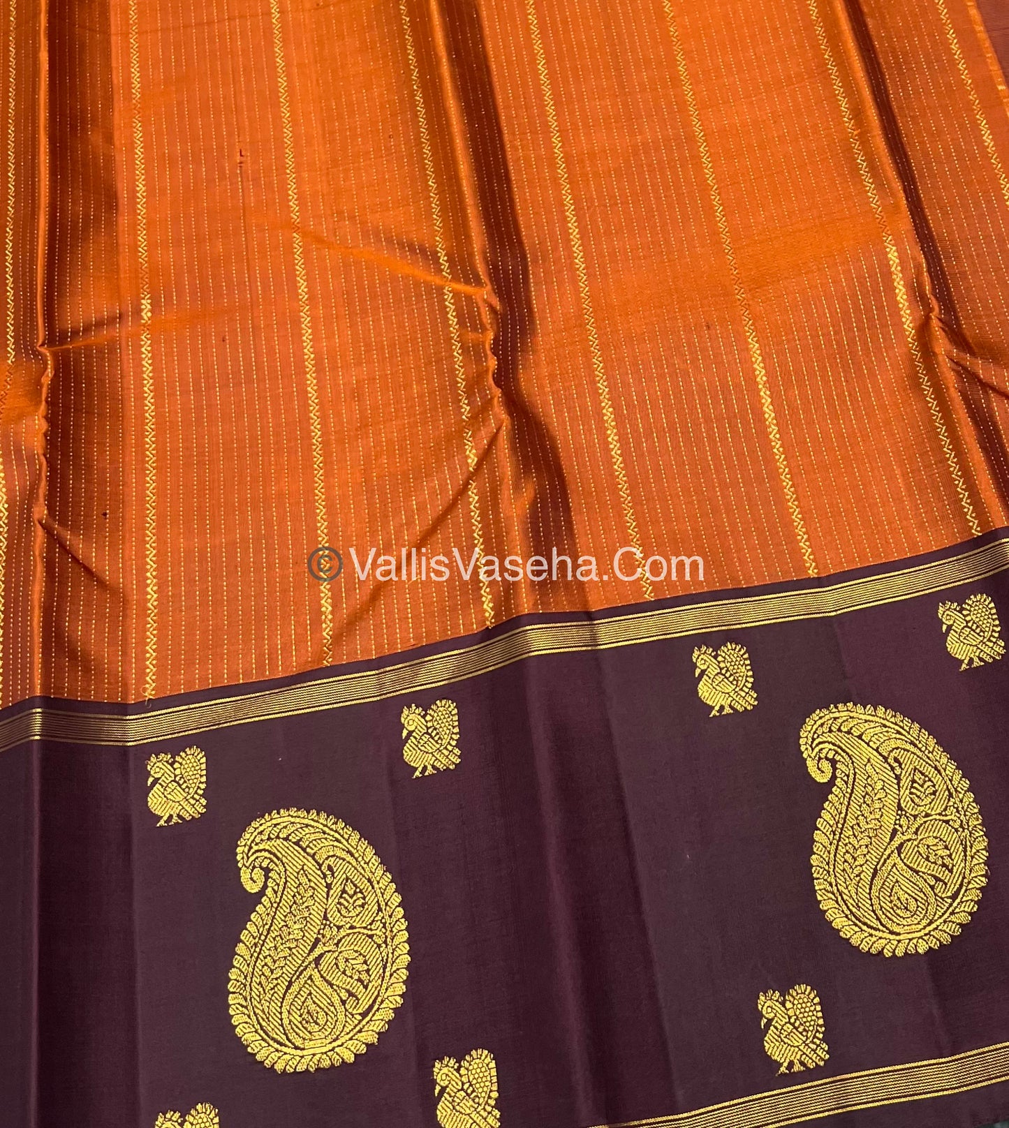 Pure Kanchipuram Silk Saree - Rust Orange With Wine Brown Shade  - VVPS022
