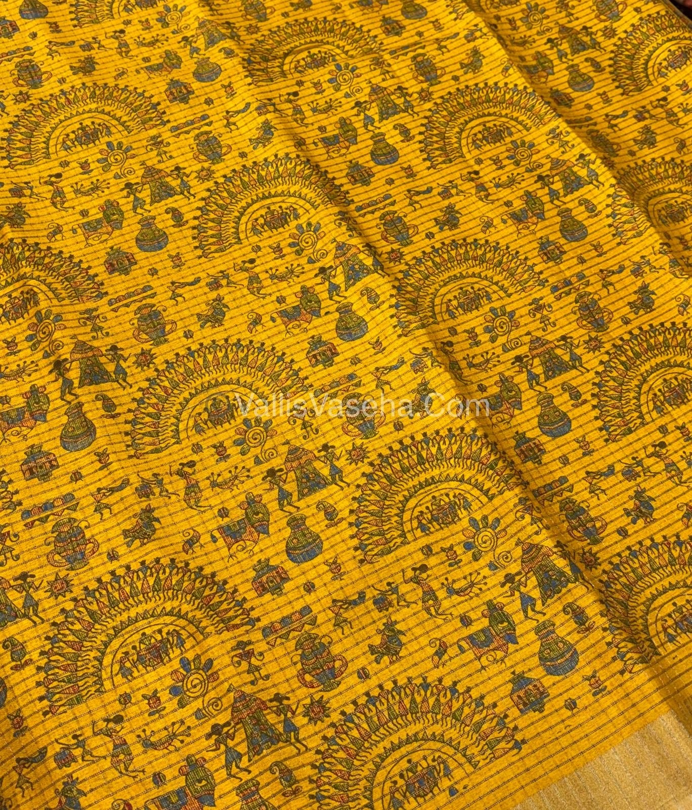 Light Weight Fancy Mixed Kota Cotton - Varli Design Printed Saree - Yellow Shade - VVKPC001