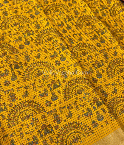 Light Weight Fancy Mixed Kota Cotton - Varli Design Printed Saree - Yellow Shade - VVKPC001