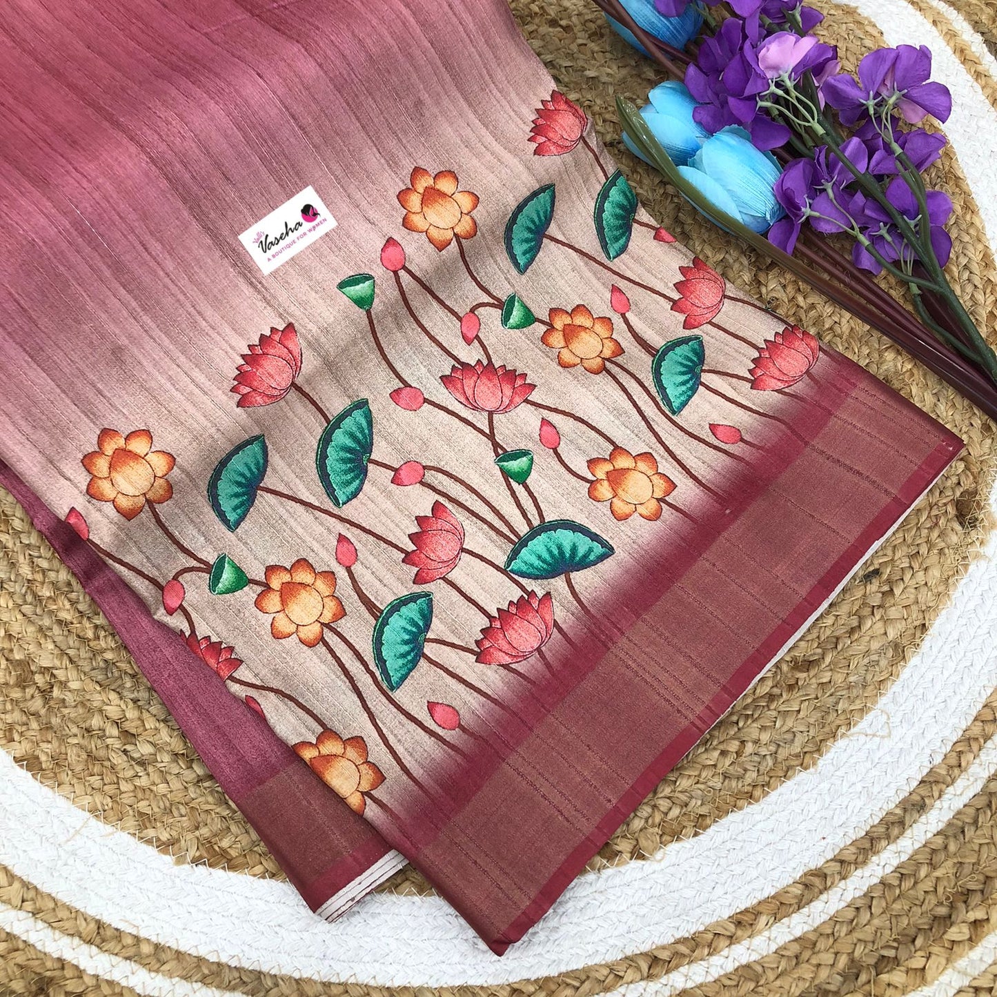 Semi Tussar with beautiful Prints - Onion Pink Shade - VVST001