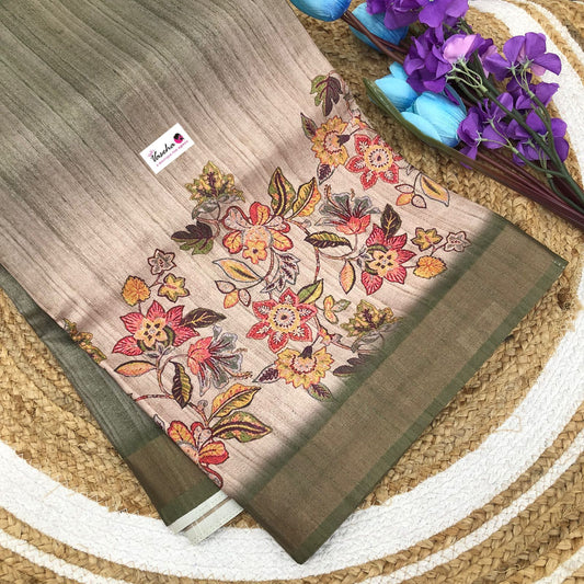 Semi Tussar with beautiful Prints - Light Olive Green  Shade - VVST001