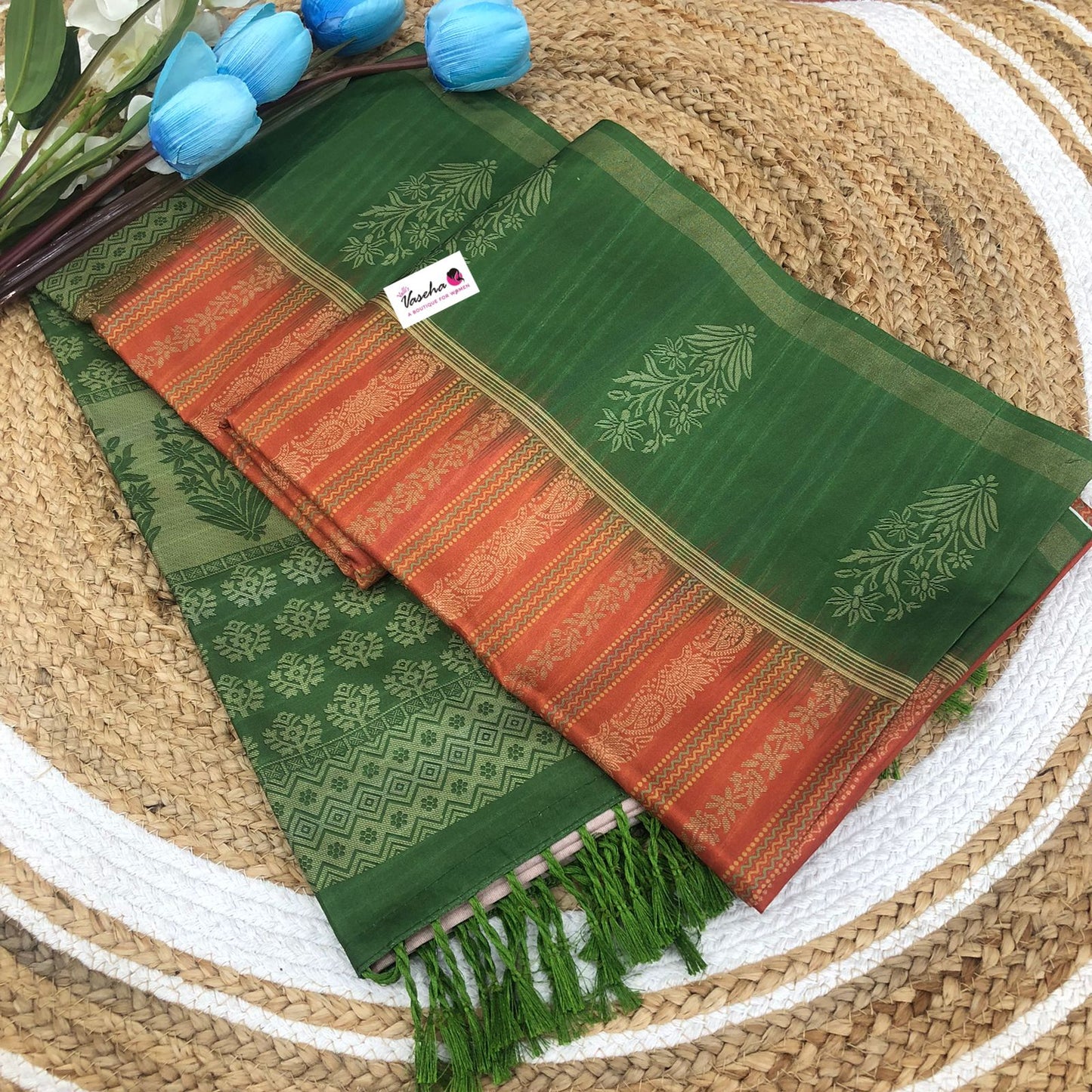 Semi Chappa Silk - Orange(Rust shade) & Green - VVSC002