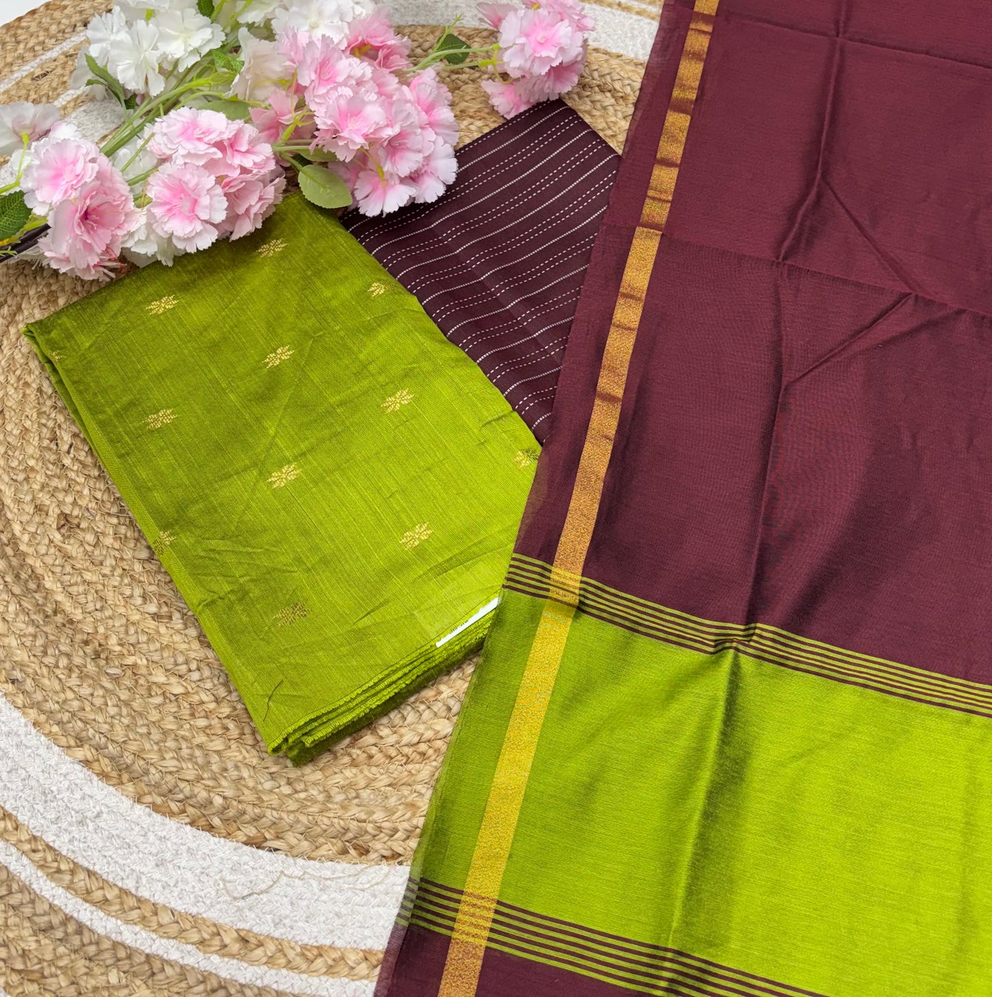 Unstitched Salwar Material -Raw Silk - Green with Maroon Shade - VVUSM004
