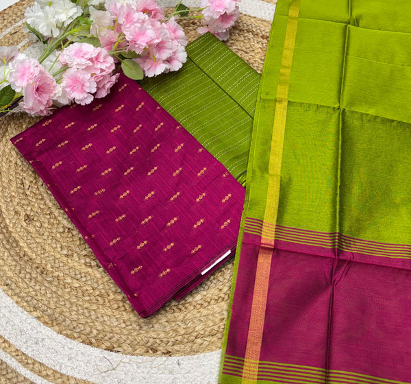Unstitched Salwar Material -Raw Silk - Pink with Green Shade - VVUSM004