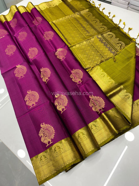 Pure Soft Silk Saree - Pinkish Purple With Mehandi Green Combo - VVPSS015