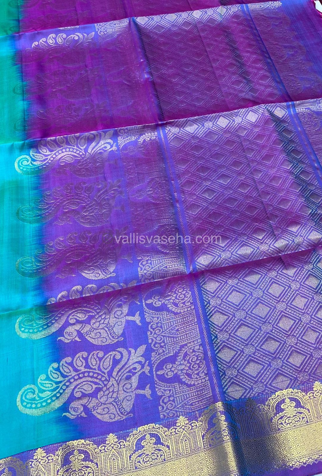 Pure Soft Silk Saree - Blue With Purple Combo - VVPSS015