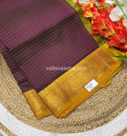 Pure Silk Cotton Saree - Maroonish Wine with Lemon Green - Lakshadeepam Design - VVPLD001