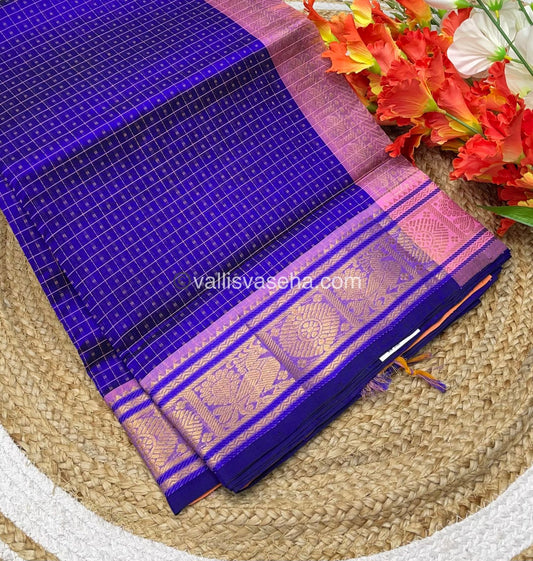 Pure Silk Cotton Saree - Blue with Light Peach - Lakshadeepam Design - VVPLD001