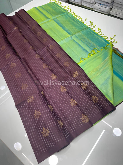 Pure Soft Silk Saree - Vaira Voosi design - Brown With Teal Green ( Lemon Mixed) Combo - VVPSS016