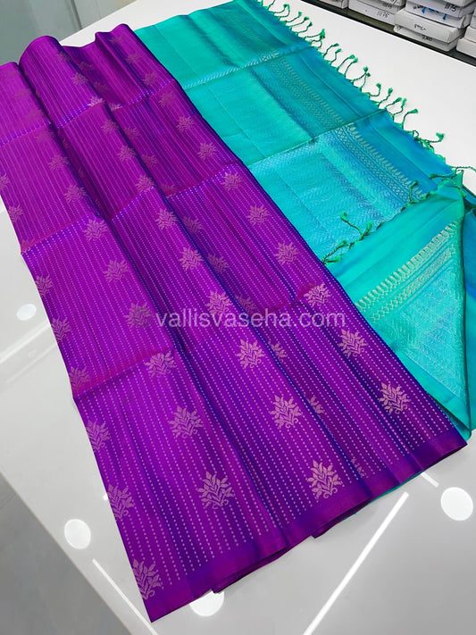 Pure Soft Silk Saree - Vaira Voosi design - Purple With Turquoise Blue Combo - VVPSS016