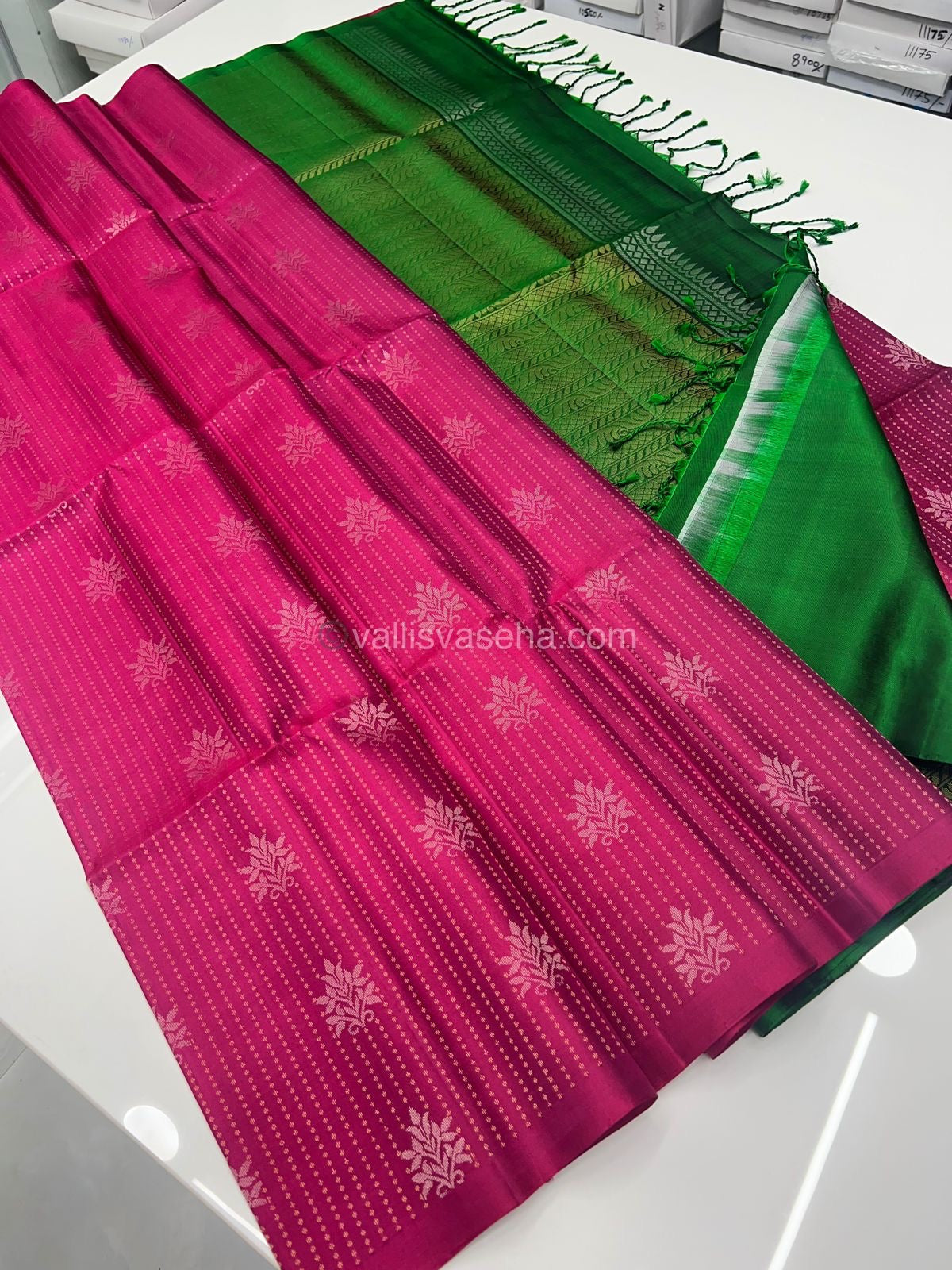 Pure Soft Silk Saree - Vaira Voosi design - Dark Pink With Green Combo - VVPSS016