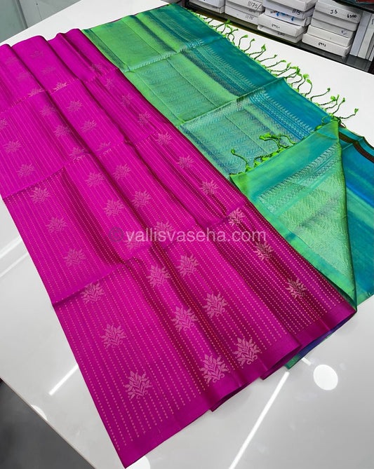 Pure Soft Silk Saree - Vaira Voosi design - Pink With Teal Green Combo - VVPSS016