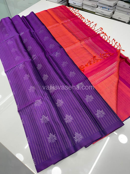 Pure Soft Silk Saree - Vaira Voosi design - Purple With Peachish Pink Combo - VVPSS016