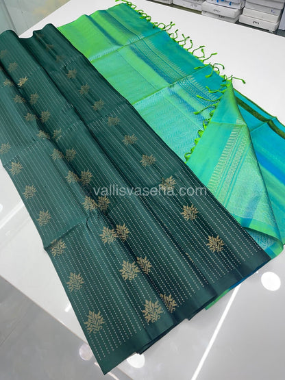 Pure Soft Silk Saree - Vaira Voosi design - Green With Teal Green ( lemon mixed) Combo - VVPSS016