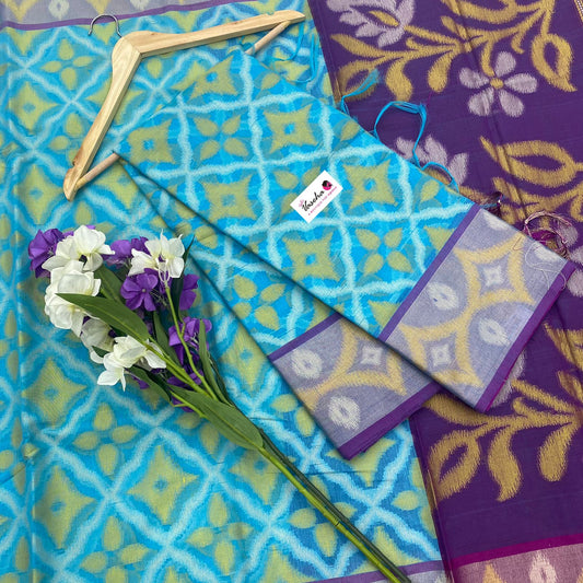 Banarasi Pochampally Weaving Semi Soft Cotton Saree - Light blue with purple - VVBPS001