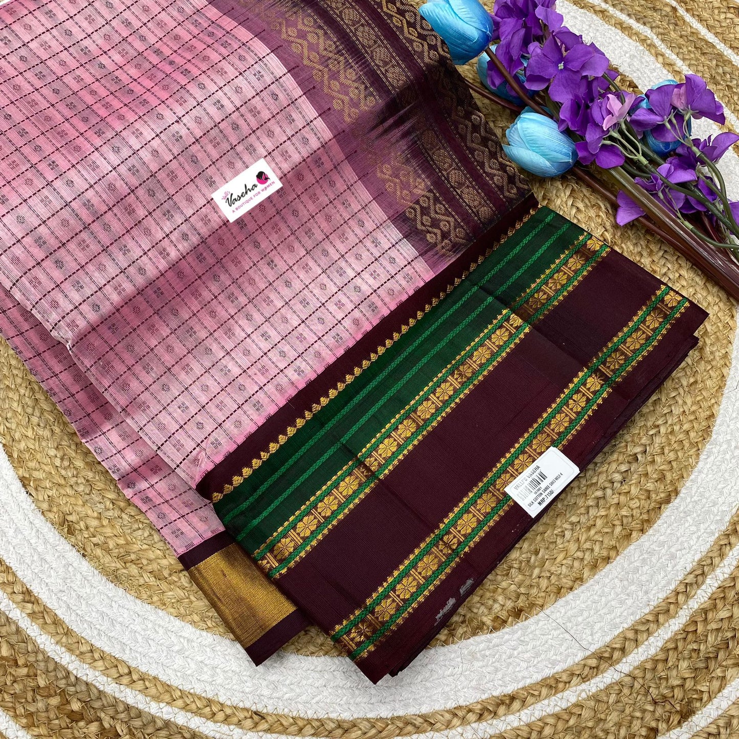 Pure Korvai Silk Cotton Saree - Baby Pink & Brown Combo -  Lakshadeepam Design VVKLD001