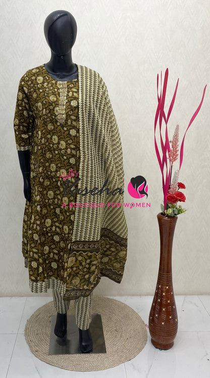 Ready Made - Anarkali - Salwar, Kameez & Duppatta(3pc)- Printed Cotton - VVAS013