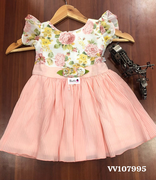 Kids Wear - Light Peach Floral & Frills - Casual Girls Dress - VVKW003