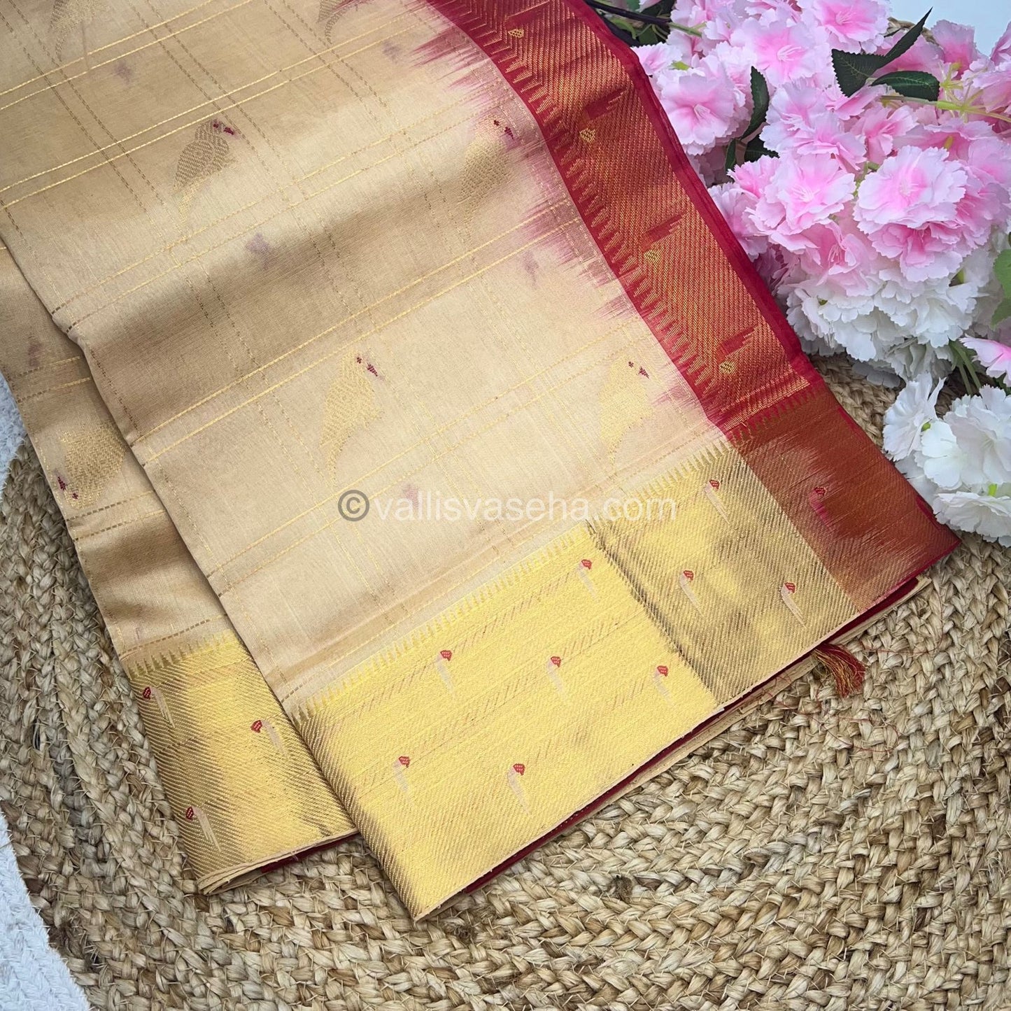 Pure Silk Cotton Saree - Paithani border - Cream & Red Combo - VVPSC001