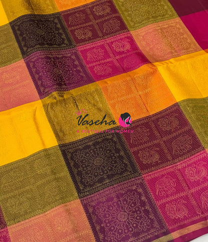 Pure Soft Silk Saree - Partly Pallu -  Half & Half Saree - Yellow  - VVPSS088