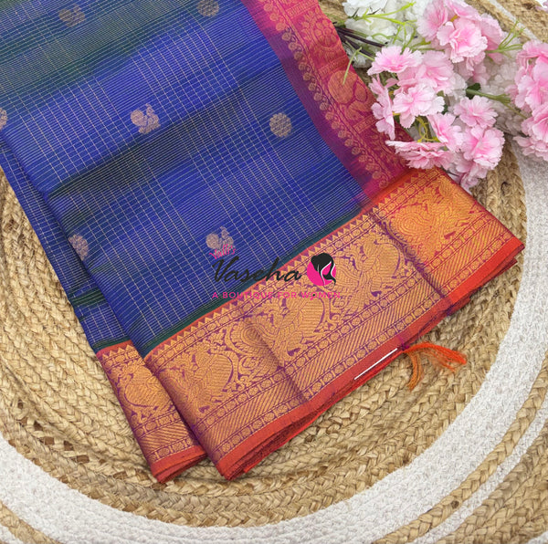 Pure Silk Cotton Saree - Vairavoosi Checks - Mayil & Chakkaram - VVMCV001